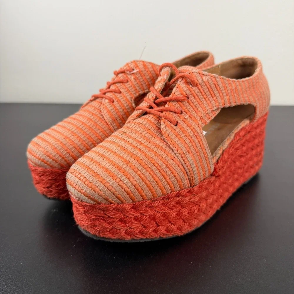 Jeffrey Campbell Tahiti Last Platform Espadrilles Womens 7 Orange Raffia Lace-Up